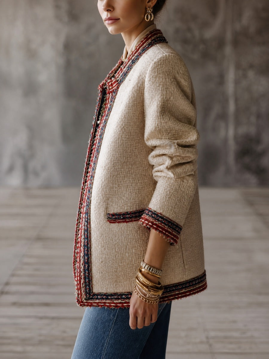 Women's Tweed Open Front Jacket with Contrast Trim Collarless Coat