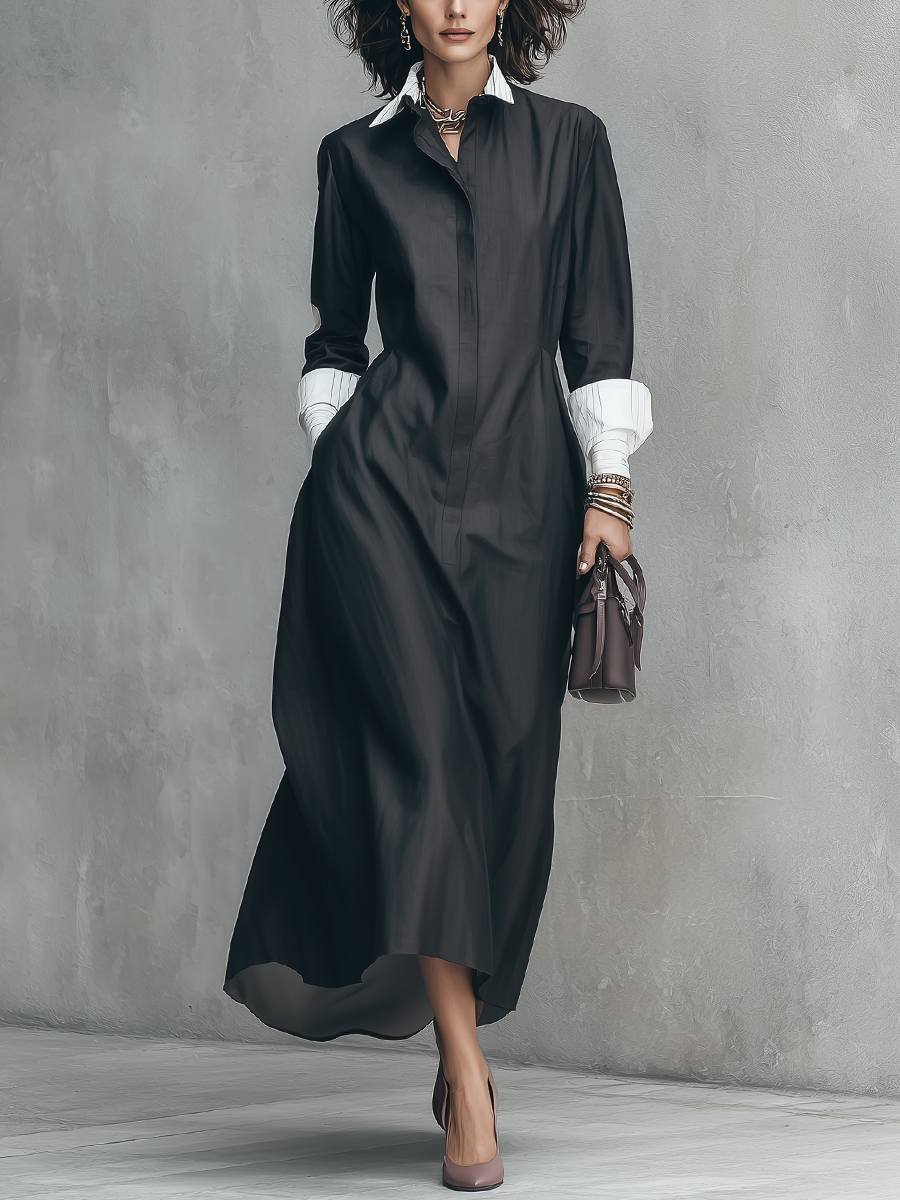 Black Cotton Contrast Maxi Shirt Dress