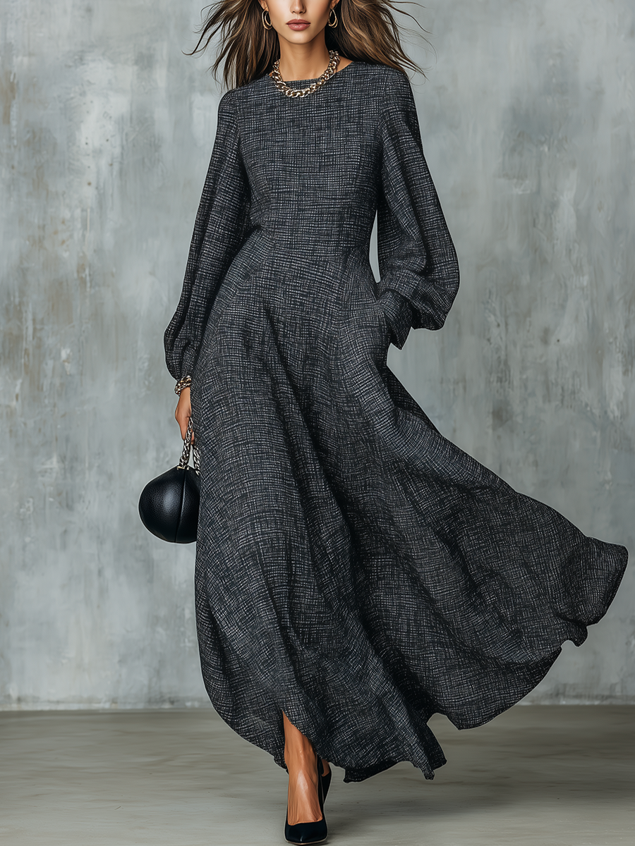 Elegant Charcoal Textured Long Sleeve Maxi Dress