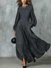 Elegant Charcoal Textured Long Sleeve Maxi Dress