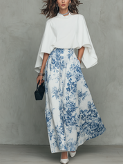 Romantic Ivory Blue Floral Print Cape-Sleeve Maxi Skirt Set