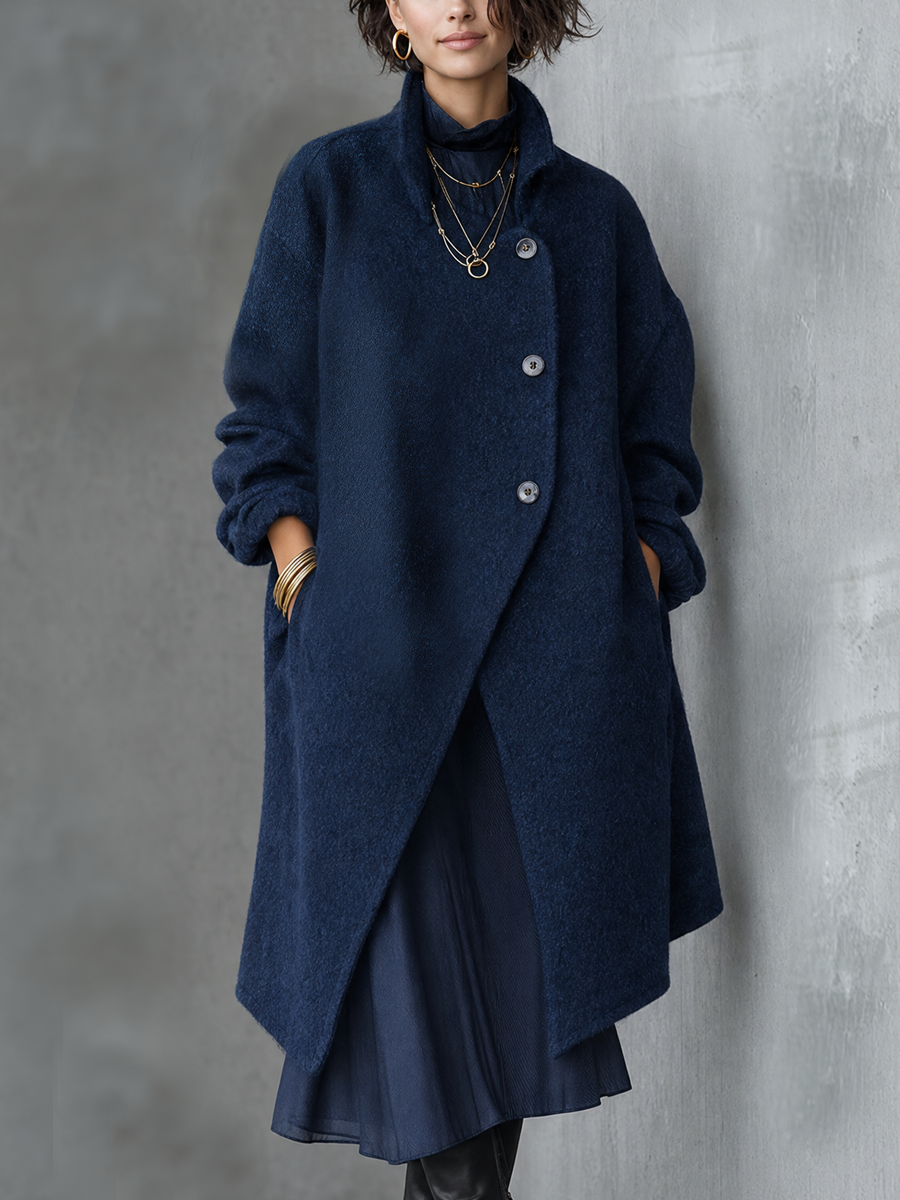 Navy Asymmetric Button High-Neck Longline Coat