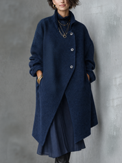 Navy Asymmetric Button High-Neck Longline Coat