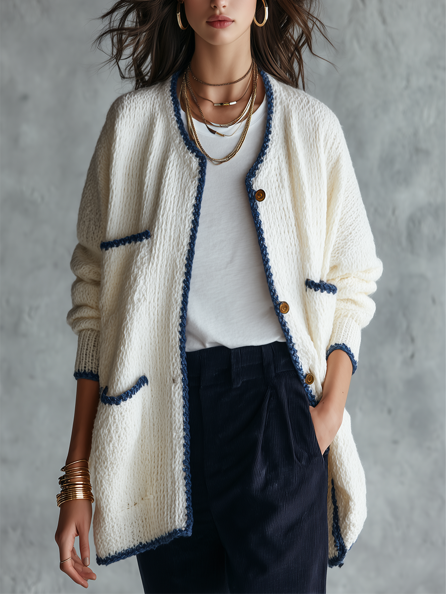 Ivory Chunky Knit Blue-Trim Longline Cardigan