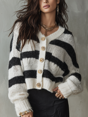 Chic Ivory Black Fuzzy Knit Gold-Button Cardigan