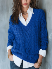 Classic Cobalt Blue Cable-Knit V-Neck Relaxed Sweater