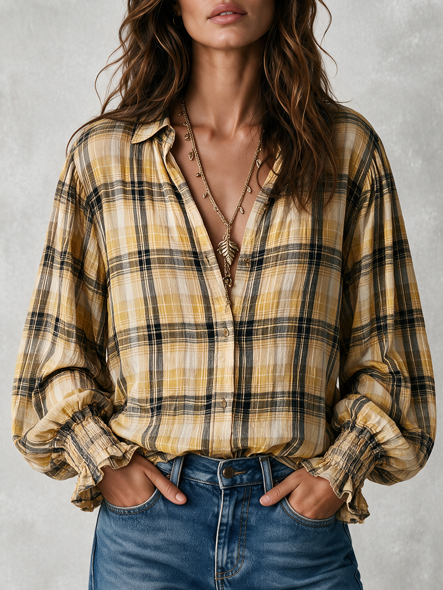 Plaid Long Sleeve Button-Up Shirt With Smocked Cuffs Top