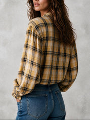 Plaid Long Sleeve Button-Up Shirt With Smocked Cuffs Top
