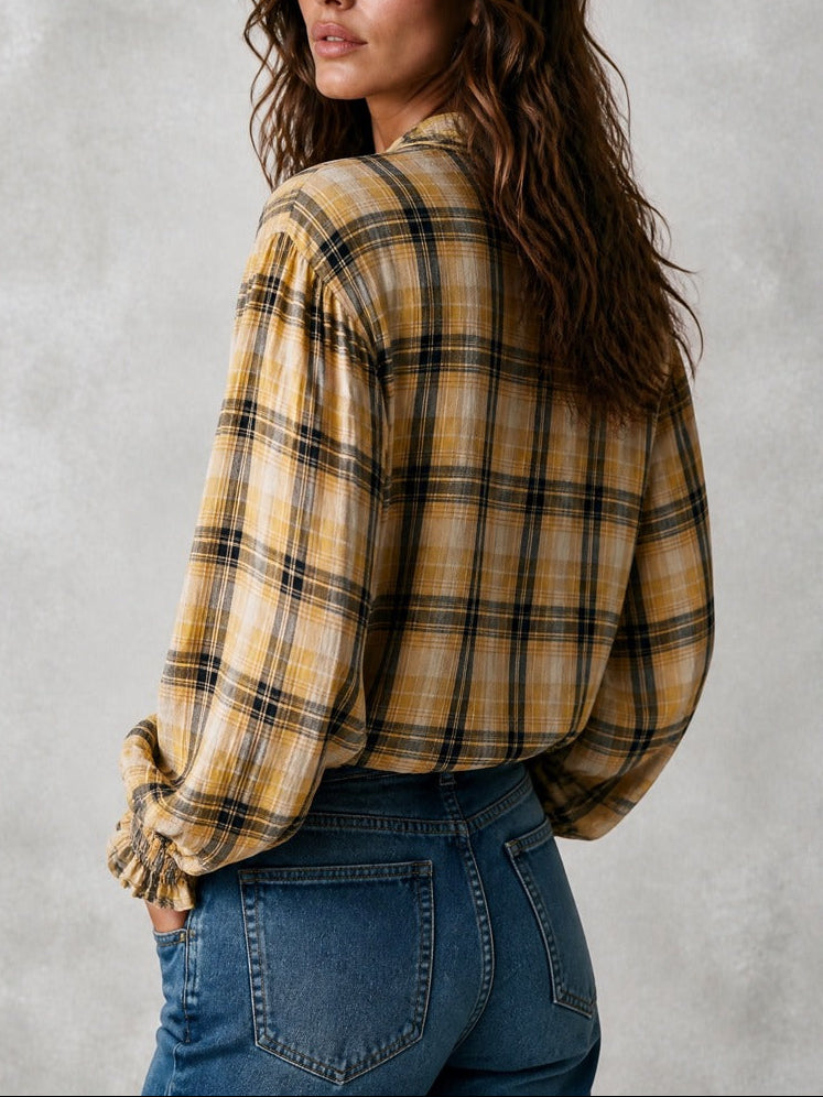 Plaid Long Sleeve Button-Up Shirt With Smocked Cuffs Top