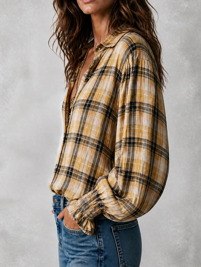 Plaid Long Sleeve Button-Up Shirt With Smocked Cuffs Top