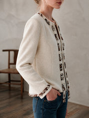 Chic Ivory Leopard-Trim Tweed Jacket