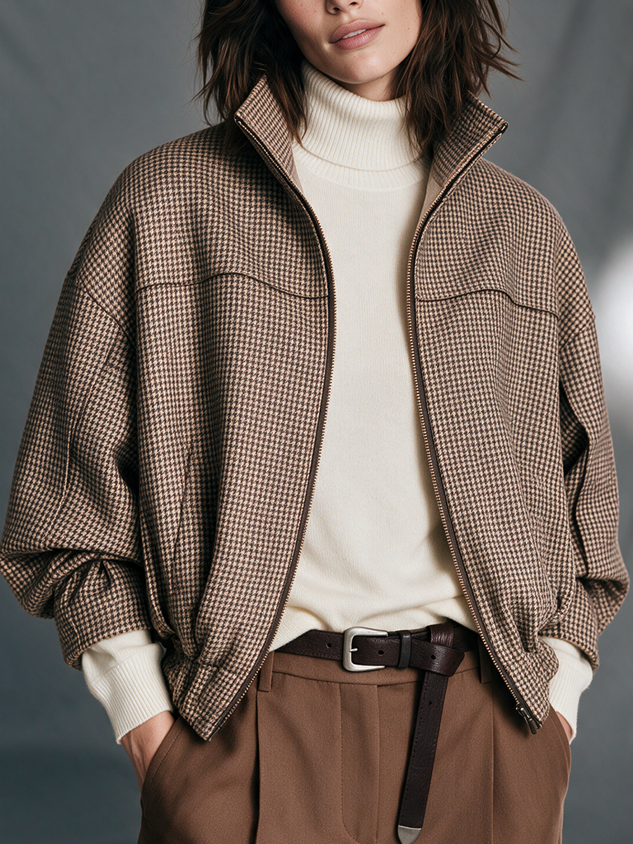 Heritage Brown Houndstooth Zip Jacket