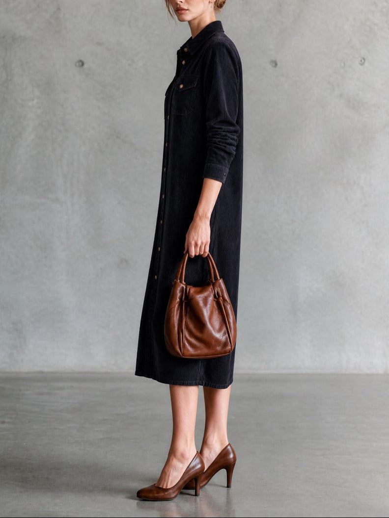 Timeless Navy Corduroy Shirt Midi Dress