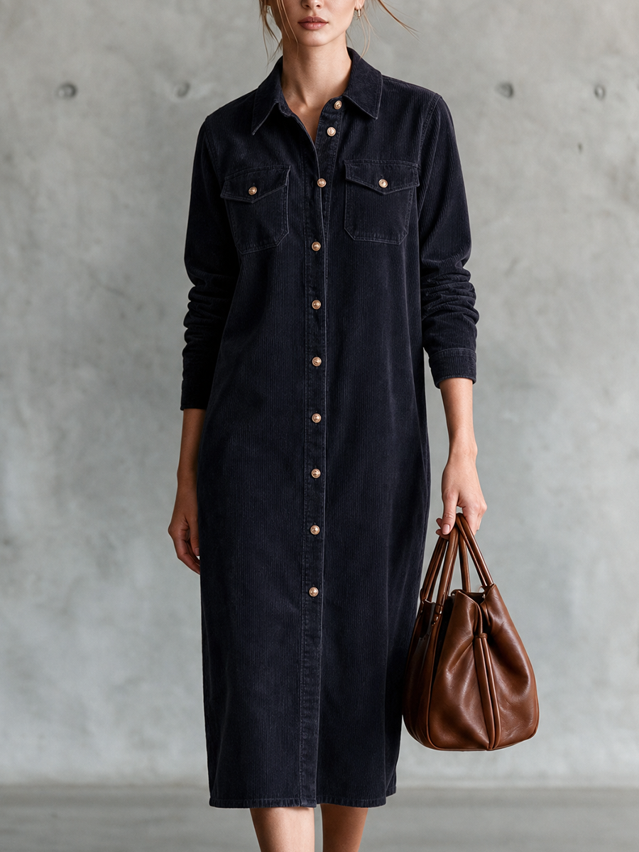 Timeless Navy Corduroy Shirt Midi Dress