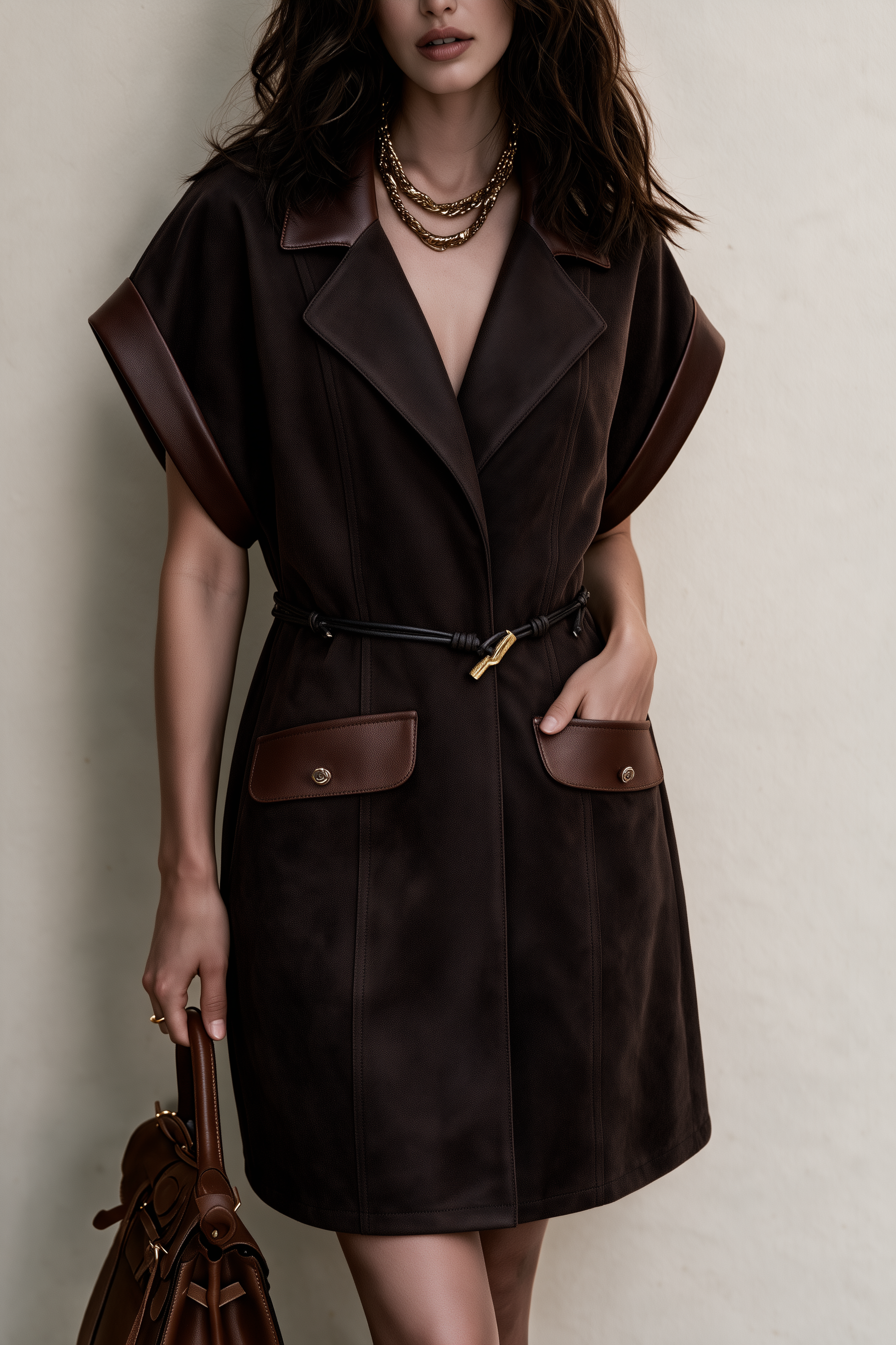 Women's Faux Suede Blazer Dress With PU Trim Belted Shirt Dress