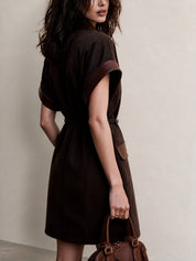 Women's Faux Suede Blazer Dress With PU Trim Belted Shirt Dress