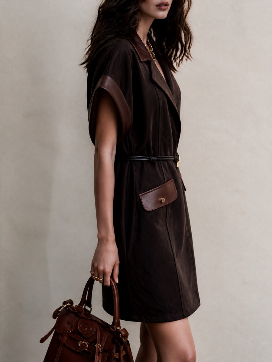Women's Faux Suede Blazer Dress With PU Trim Belted Shirt Dress