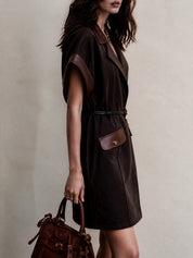 Women's Faux Suede Blazer Dress With PU Trim Belted Shirt Dress