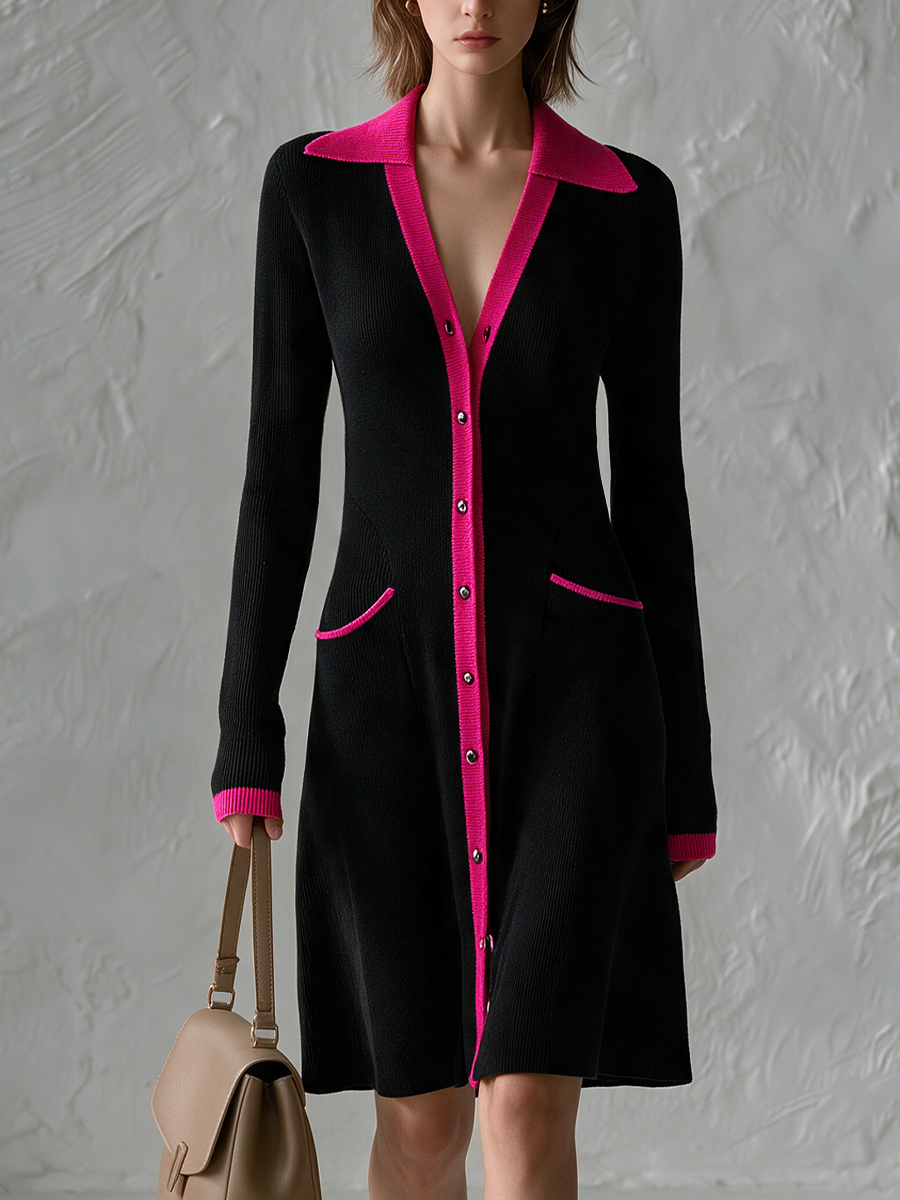Polished Black Contrast-Trim Knit Mini Dress