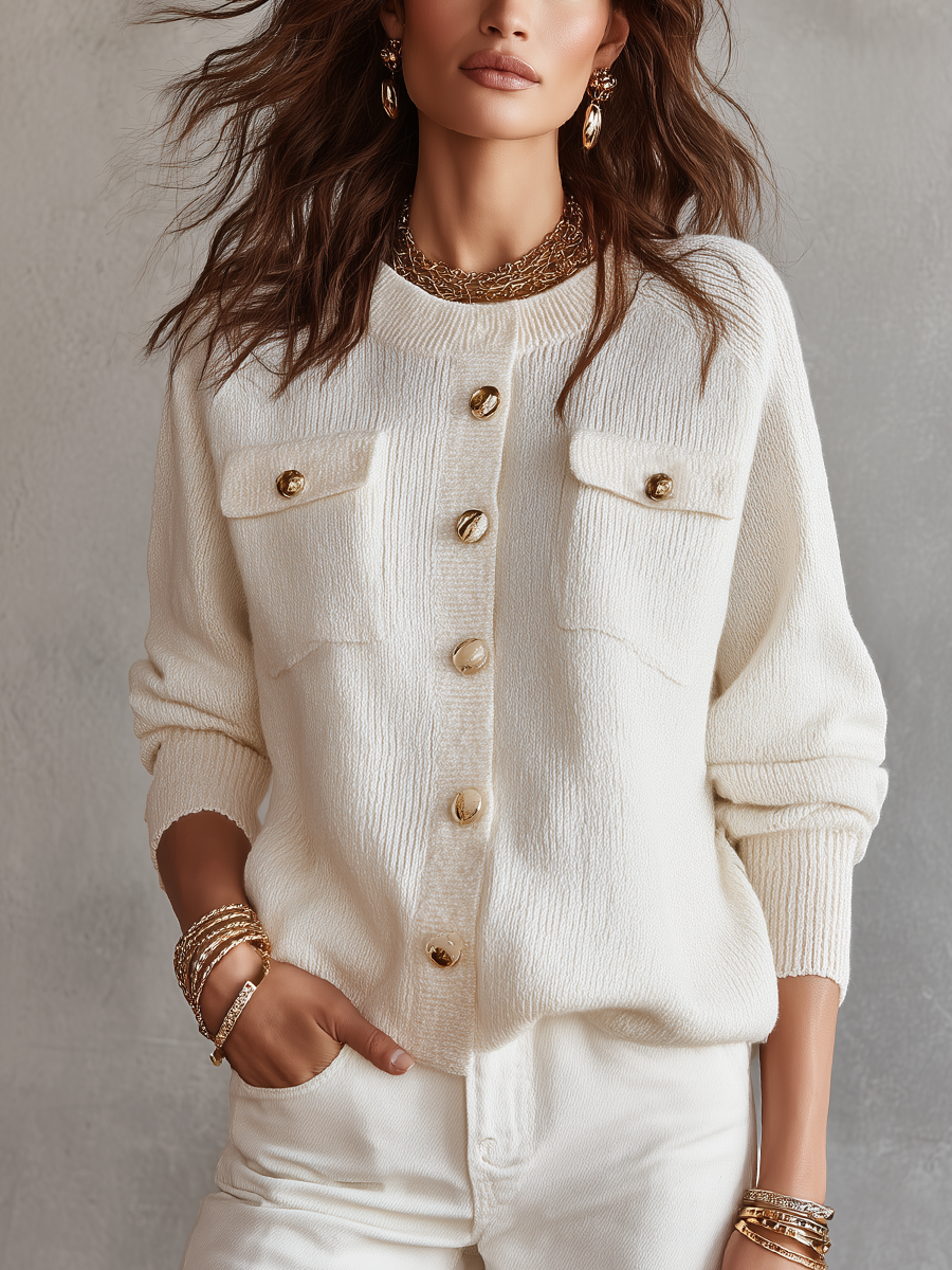 Ivory Knitted Cardigan With Gold Buttons