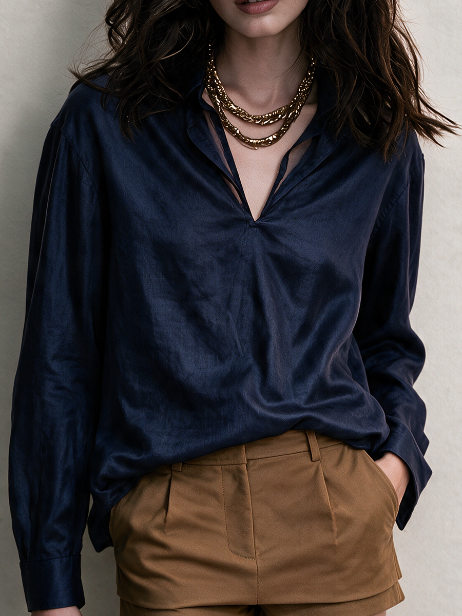 Effortless Navy Satin Relaxed Shirt Top