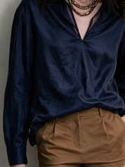 Effortless Navy Satin Relaxed Shirt Top