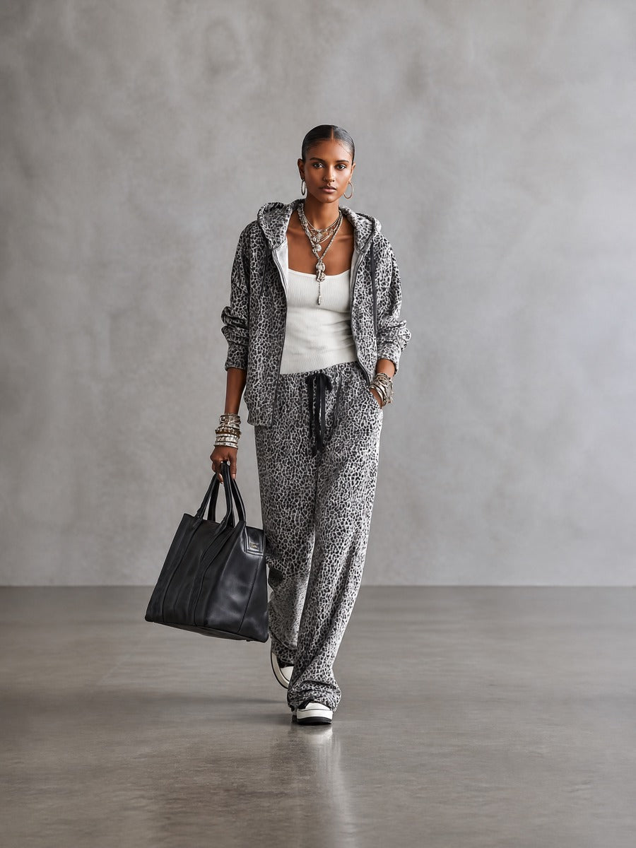 Leopard Print Zip-Up Hoodie and Wide-Leg Pants Lounge Set