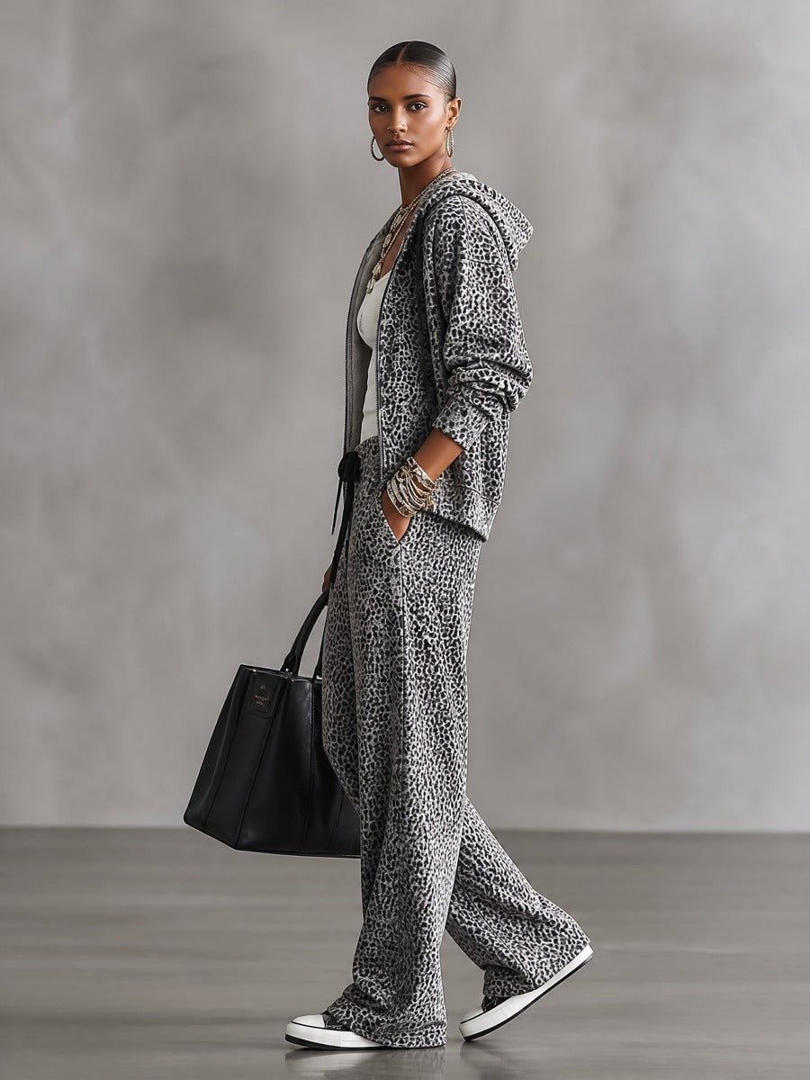 Leopard Print Zip-Up Hoodie and Wide-Leg Pants Lounge Set
