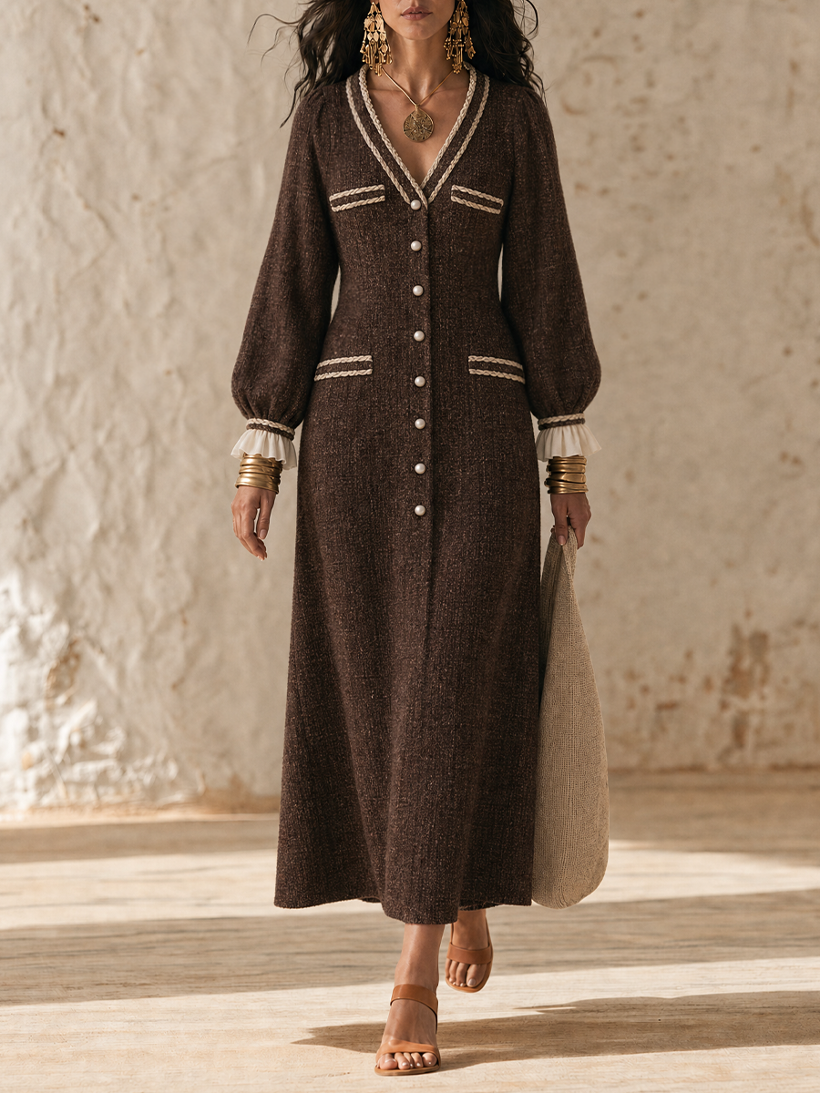 Bohemian Chocolate Contrast-Trim Maxi Dress