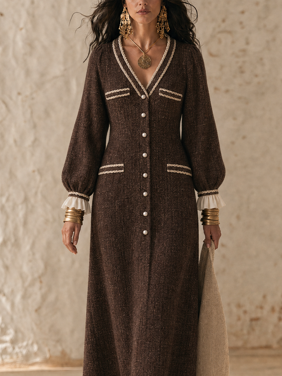 Bohemian Chocolate Contrast-Trim Maxi Dress