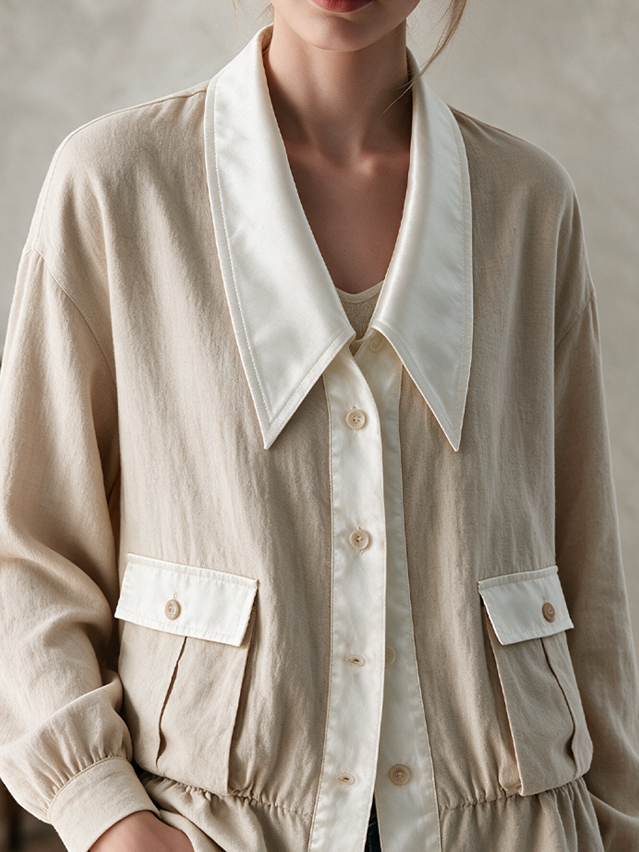 Effortless Beige Contrast Collar Jacket