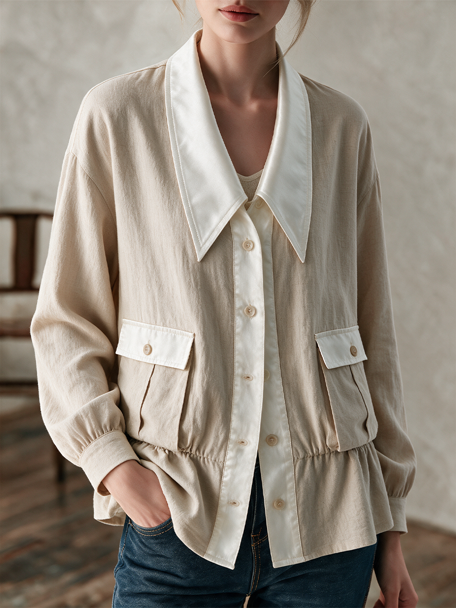 Effortless Beige Contrast Collar Jacket