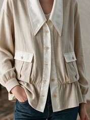 Effortless Beige Contrast Collar Jacket