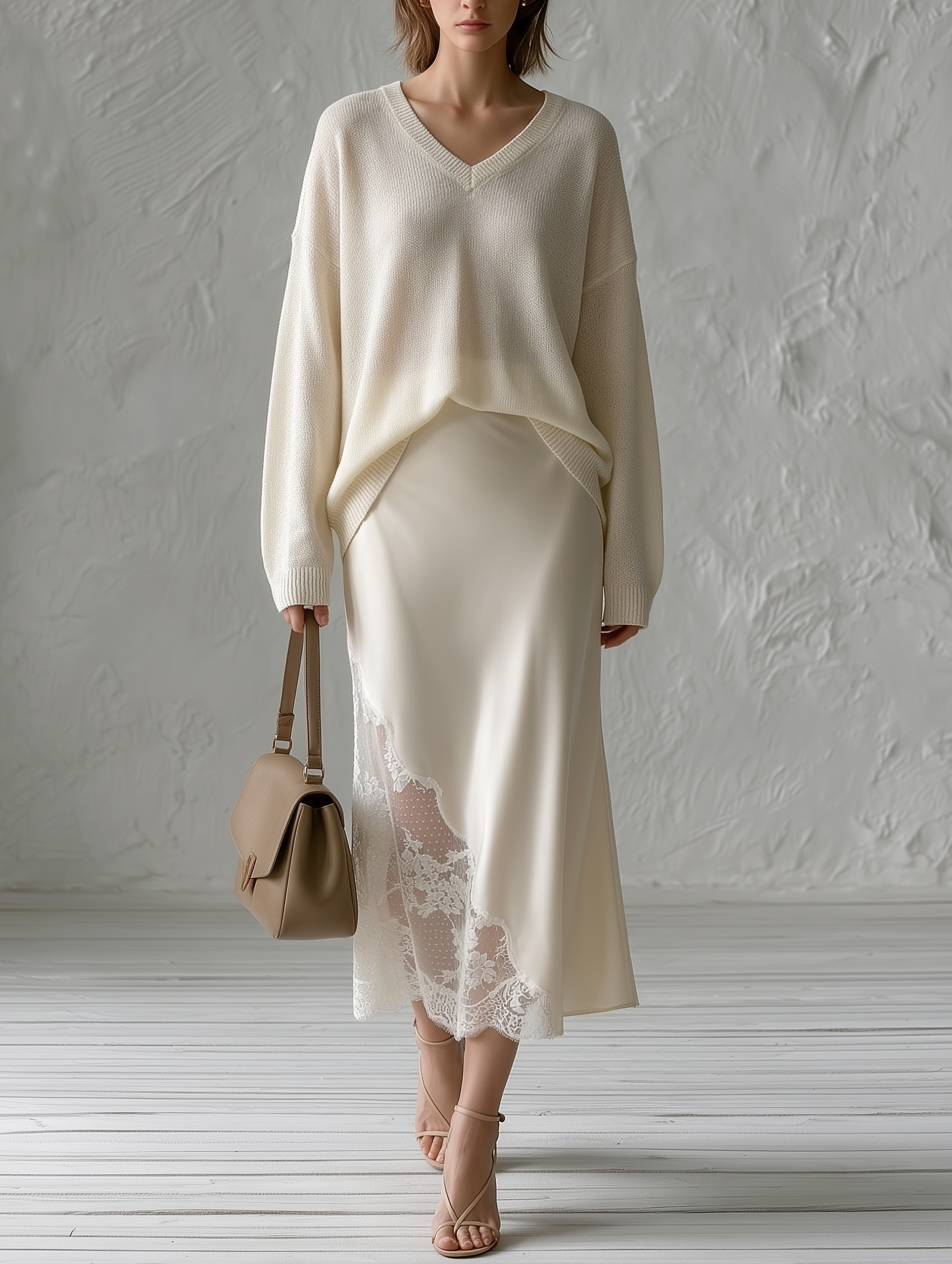Oversized V-Neck Knit Sweater & Satin Lace-Trim Midi Skirt Set
