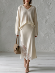 Oversized V-Neck Knit Sweater & Satin Lace-Trim Midi Skirt Set