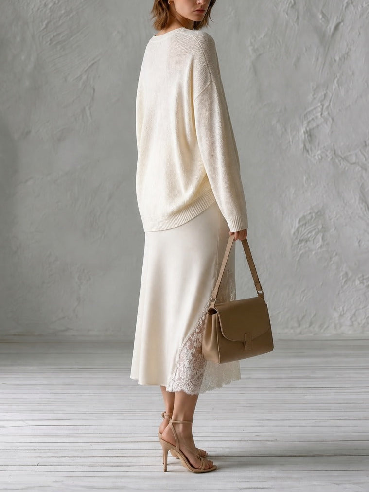 Oversized V-Neck Knit Sweater & Satin Lace-Trim Midi Skirt Set