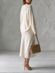 Oversized V-Neck Knit Sweater & Satin Lace-Trim Midi Skirt Set