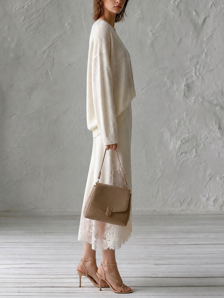 Oversized V-Neck Knit Sweater & Satin Lace-Trim Midi Skirt Set