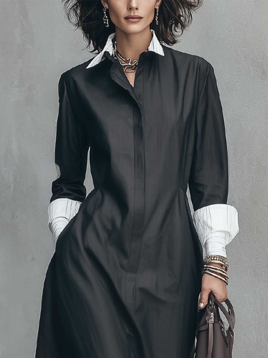 Black Cotton Contrast Maxi Shirt Dress