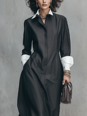 Black Cotton Contrast Maxi Shirt Dress