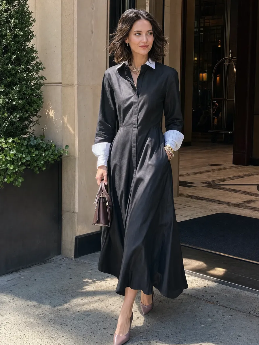 Black Cotton Contrast Maxi Shirt Dress