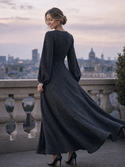 Elegant Charcoal Textured Long Sleeve Maxi Dress