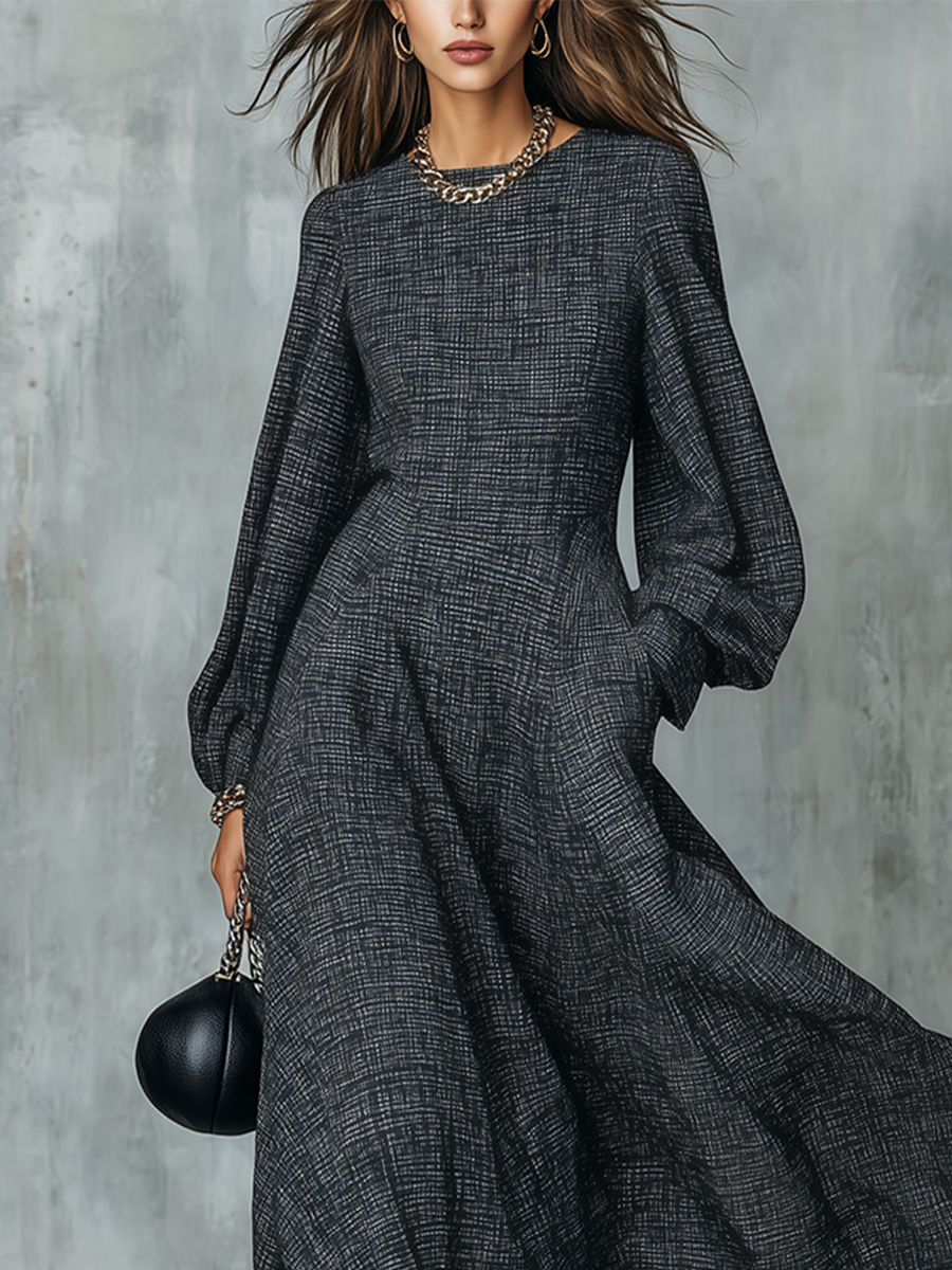 Elegant Charcoal Textured Long Sleeve Maxi Dress