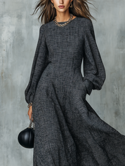 Elegant Charcoal Textured Long Sleeve Maxi Dress