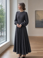 Elegant Charcoal Textured Long Sleeve Maxi Dress