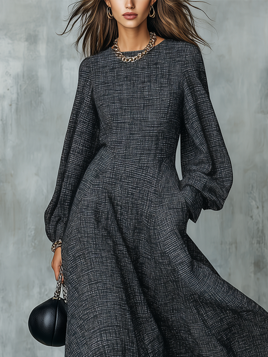 Elegant Charcoal Textured Long Sleeve Maxi Dress
