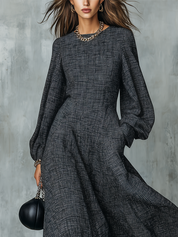 Elegant Charcoal Textured Long Sleeve Maxi Dress
