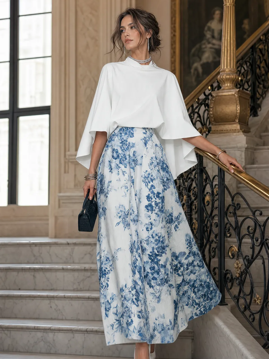 Romantic Ivory Blue Floral Print Cape-Sleeve Maxi Skirt Set