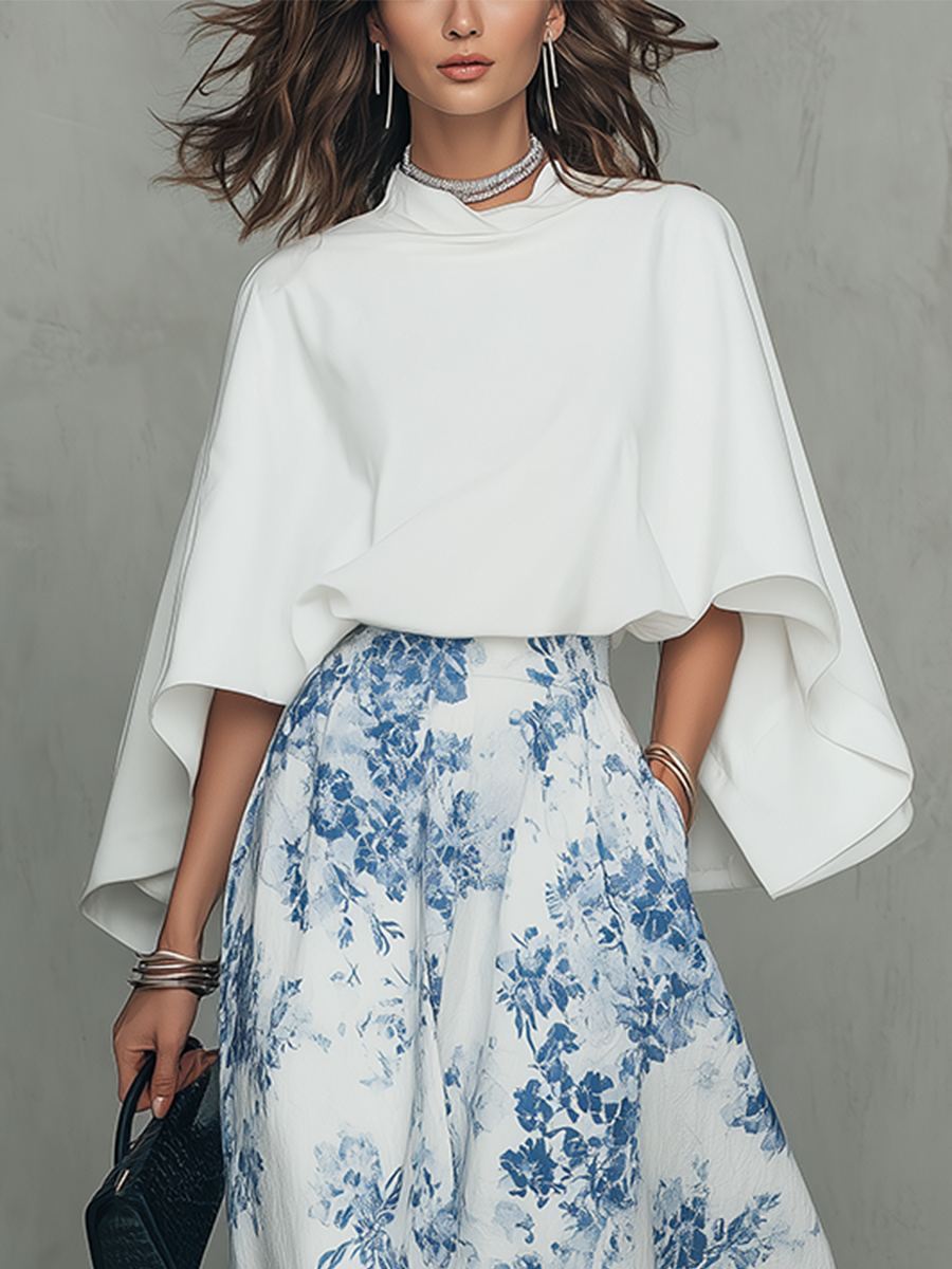 Romantic Ivory Blue Floral Print Cape-Sleeve Maxi Skirt Set