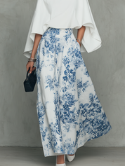 Romantic Ivory Blue Floral Print Cape-Sleeve Maxi Skirt Set